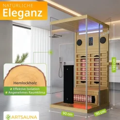 Infrarotkabine / Wärmekabine Göteborg 90 x 90 x 190 für 1 Person mit Vollspektrumstrahlern & Hemlockholz ^ Artsauna