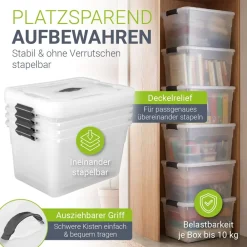 Aufbewahrungsbox mit Deckel - 4er Set Kunststoff Boxen 30l - Box stapelbar, transparent ^ Juskys Discount
