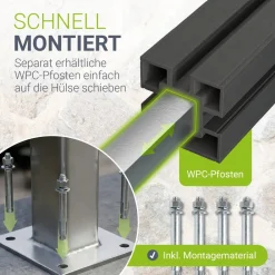 ® Aufschraubhülse für WPC Sichtschutzzaunelemente - robuste Stahlbefestigung, wetterfest, 10x10x112 cm, für Betonboden & Terrassen ^ Juskys Clearance