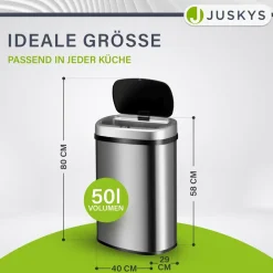 Juskys Automatik Mülleimer mit Sensor 50L - Abfalleimer mit elektrischem Deckel rechteckig - Silber Weiß Hot