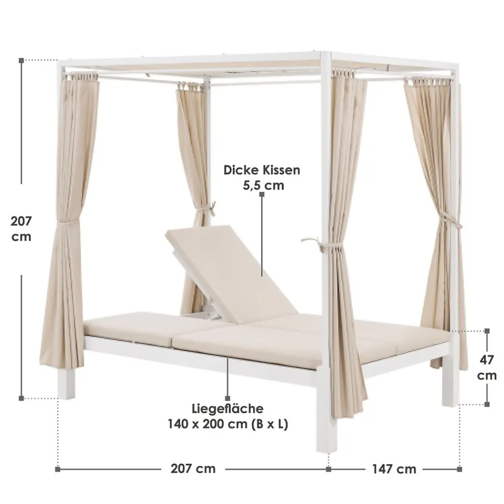 Juskys Doppel Loungebett Kreta - Sonnenliege für 2 Personen - Dach & Lehne verstellbar - Liege Weiß Discount