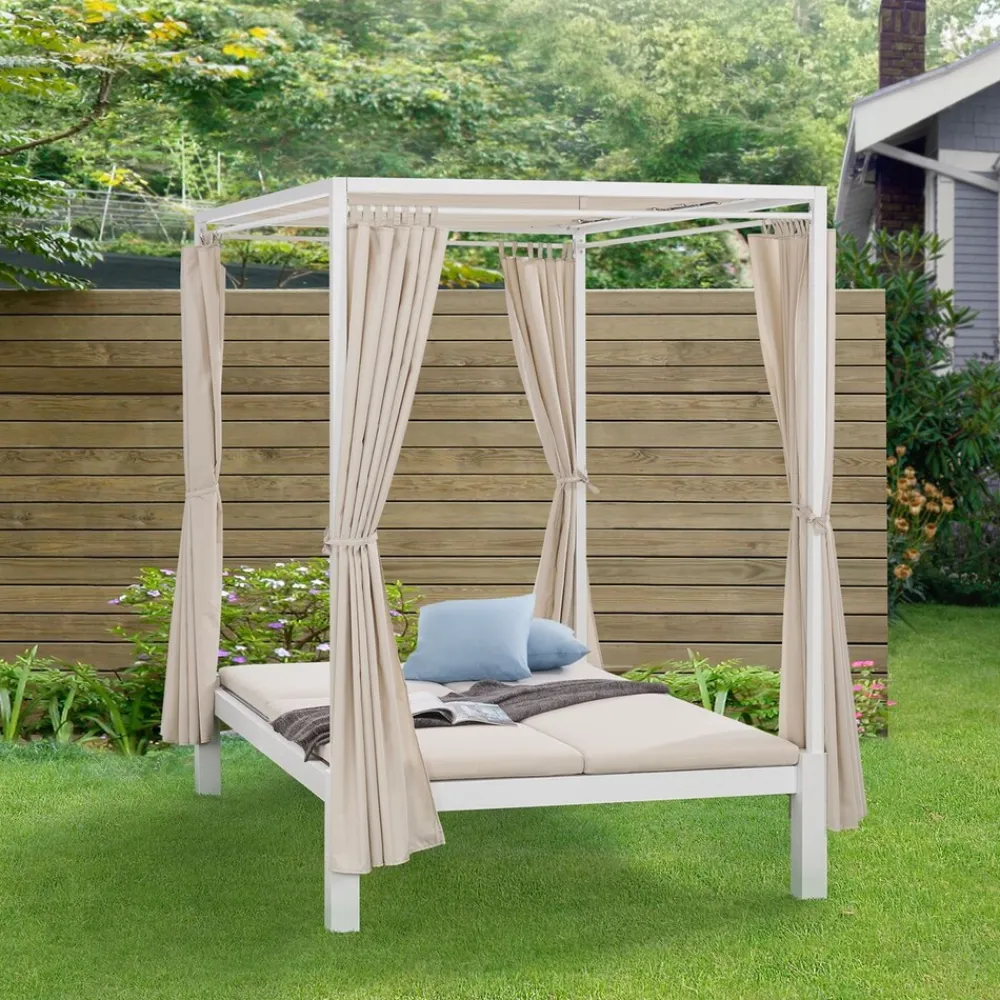 Juskys Doppel Loungebett Kreta - Sonnenliege für 2 Personen - Dach & Lehne verstellbar - Liege Weiß Discount