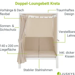 Juskys Doppel Loungebett Kreta - Sonnenliege für 2 Personen - Dach & Lehne verstellbar - Liege Weiß Discount