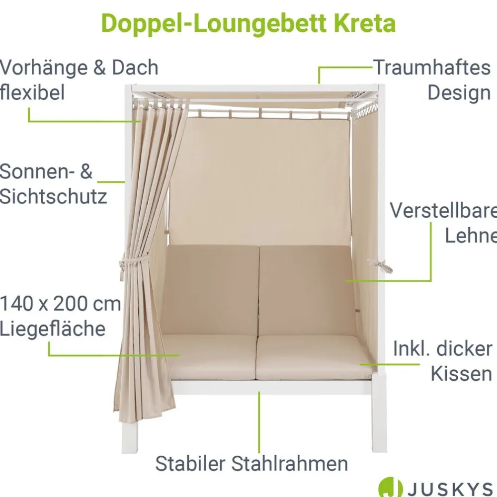 Juskys Doppel Loungebett Kreta - Sonnenliege für 2 Personen - Dach & Lehne verstellbar - Liege Weiß Discount
