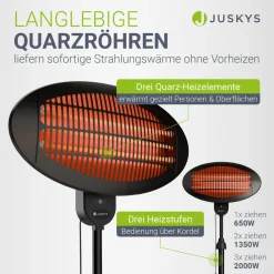 Infrarotstrahler 2000 W – Schwarz, mit 3 Heizstufen & höhenverstellbarem Gestell ^ Juskys