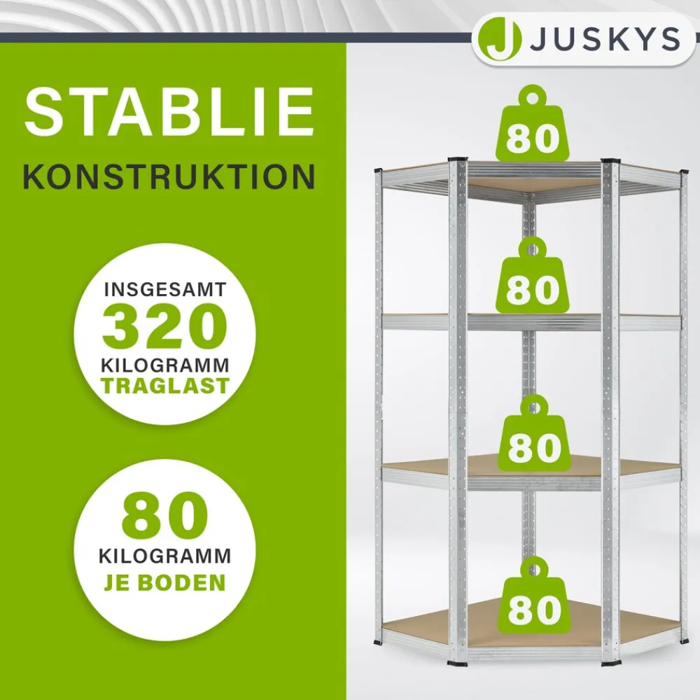Juskys Lageregal Corner Easy 160 x 75 x 40-75 cm | 320 kg | 4 Böden | Schwerlastregal Metall Silber Clearance