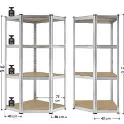 Juskys Lageregal Corner Easy 160 x 75 x 40-75 cm | 320 kg | 4 Böden | Schwerlastregal Metall Silber Clearance