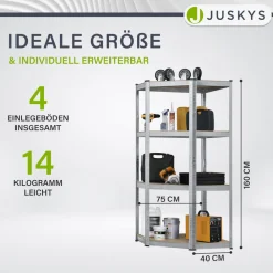 Juskys Lageregal Corner Easy 160 x 75 x 40-75 cm | 320 kg | 4 Böden | Schwerlastregal Metall Silber Clearance