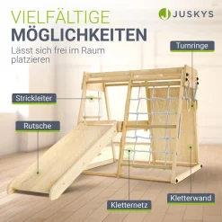 Juskys Klettergerüst für Kinder - Indoor Spielplatz mit Rutsche, Kletterwand & Turnringe Natur Discount