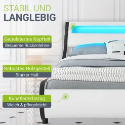 Polsterbett Bett Valencia 180 x 200 cm weiß mit Kaltschaummatratze Doppelbett mit LED ^ Juskys Hot