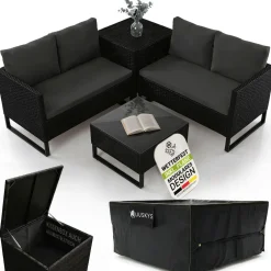 Juskys Polyrattan Lounge Santorini inkl. Abdeckung - Outdoor Sitzecke mit Beistelltisch & Auflagenbox - Schwarz Outlet