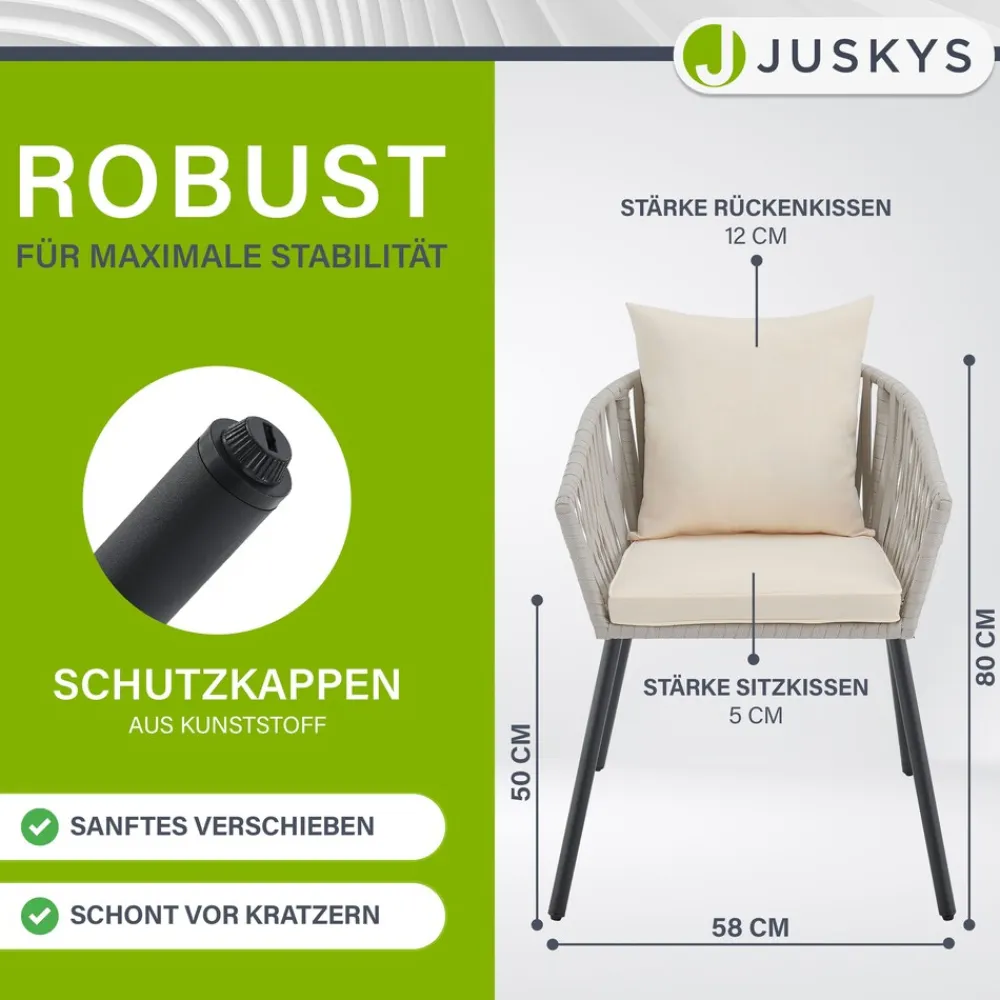 Rope Stühle 2er Set - mit Seilgeflecht & Polster - wetterfest & bis 160 kg belastbar - hell ^ Juskys Best