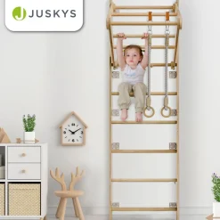 Juskys Sprossenwand für Kinder - Indoor Klettergerüst mit Turnringen, Klimmzugstange, Strickleiter Clearance