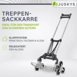 Juskys Treppensackkarre klappbar & bis 80 kg - Alu Mini Sackkarre für Treppen - Handschuhe & Seile Online