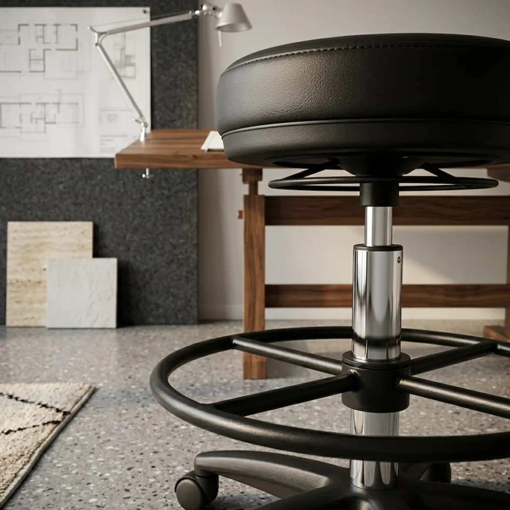 Arbeitshocker Livorno: Höhenverstellbar, Kunstleder-Sitzfläche, Kunststoff-Fußkreuz, drehbare Fußablage, 120 kg Belastbarkeit. ^ KADIMA DESIGN Online