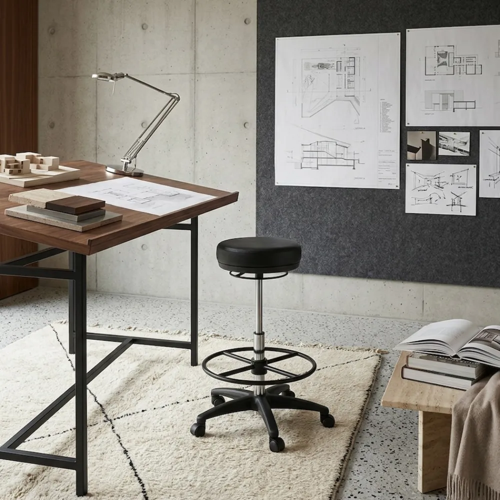 Arbeitshocker Livorno: Höhenverstellbar, Kunstleder-Sitzfläche, Kunststoff-Fußkreuz, drehbare Fußablage, 120 kg Belastbarkeit. ^ KADIMA DESIGN Online