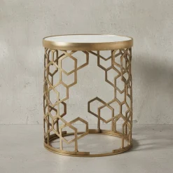 KADIMA DESIGN Beistelltisch "Alba", Marmorstruktur, goldfarbenes Metallgestell, 44 cm Durchmesser Discount