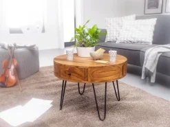 KADIMA DESIGN Couchtisch aus Sheesham-Massivholz mit Schubladen und schwarzen Metallbeinen, Handgefertigt New