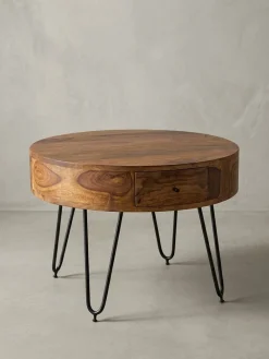 KADIMA DESIGN Couchtisch aus Sheesham-Massivholz mit Schubladen und schwarzen Metallbeinen, Handgefertigt New