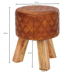 Extravaganter Sitzhocker mit Rautenmuster, Holz und Leder, 46 cm Höhe, Braun ^ KADIMA DESIGN Hot