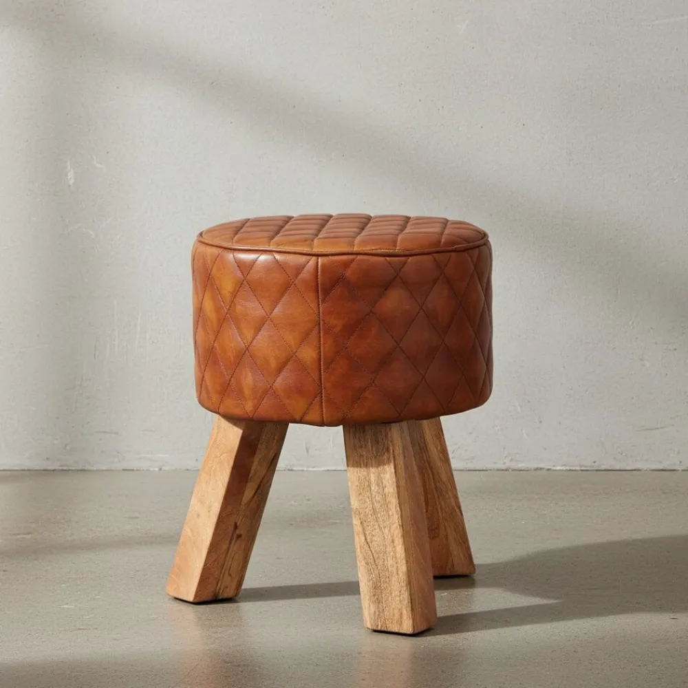 Extravaganter Sitzhocker mit Rautenmuster, Holz und Leder, 46 cm Höhe, Braun ^ KADIMA DESIGN Hot