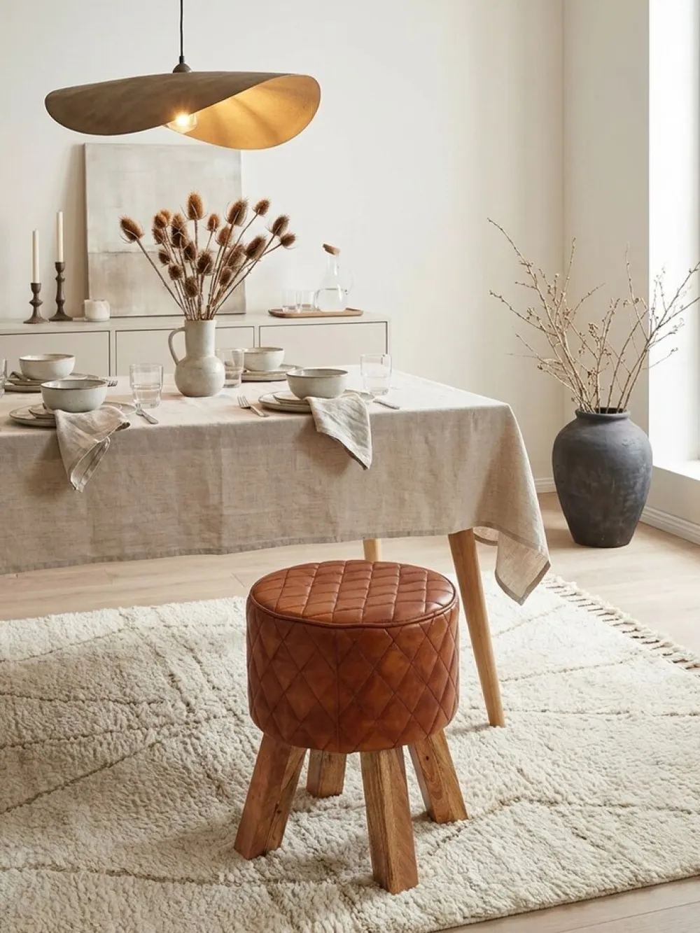 Extravaganter Sitzhocker mit Rautenmuster, Holz und Leder, 46 cm Höhe, Braun ^ KADIMA DESIGN Hot