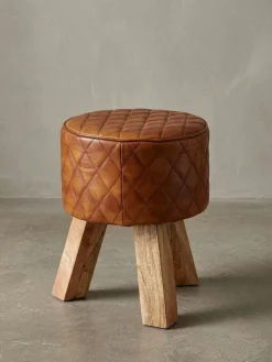 Extravaganter Sitzhocker mit Rautenmuster, Holz und Leder, 46 cm Höhe, Braun ^ KADIMA DESIGN Hot