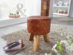 Extravaganter Sitzhocker mit Rautenmuster, Holz und Leder, 46 cm Höhe, Braun ^ KADIMA DESIGN Hot