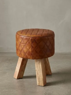 Extravaganter Sitzhocker mit Rautenmuster, Holz und Leder, 46 cm Höhe, Braun ^ KADIMA DESIGN Hot