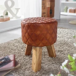Extravaganter Sitzhocker mit Rautenmuster, Holz und Leder, 46 cm Höhe, Braun ^ KADIMA DESIGN Hot