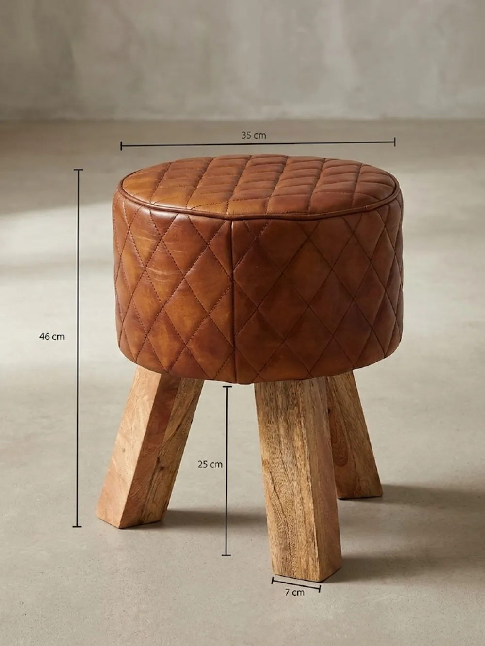 Extravaganter Sitzhocker mit Rautenmuster, Holz und Leder, 46 cm Höhe, Braun ^ KADIMA DESIGN Hot