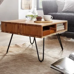 KADIMA DESIGN Massiver Akazienholz Couchtisch, Modernes Design, Metallgestell, Stauraum Outlet