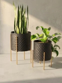 KADIMA DESIGN Schwarz-Goldene Metall-Blumentöpfe im 2er Set, Elegante Runde Pflanzkübel