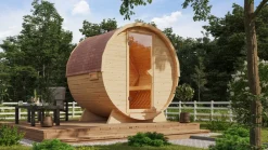 Karibu Holztechnik Karibu Fasssauna 1 - SET naturbelassen mit Ofen 9 kW integr. Strg., Kabel, Schindeln Hot