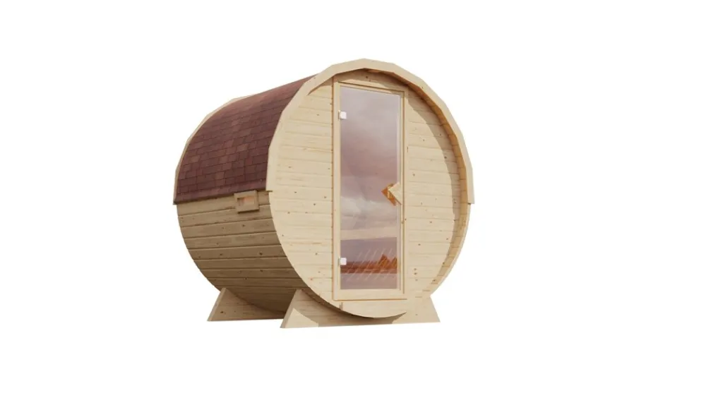 Karibu Holztechnik Karibu Fasssauna 1 - SET naturbelassen mit Ofen 9 kW integr. Strg., Kabel, Schindeln Hot