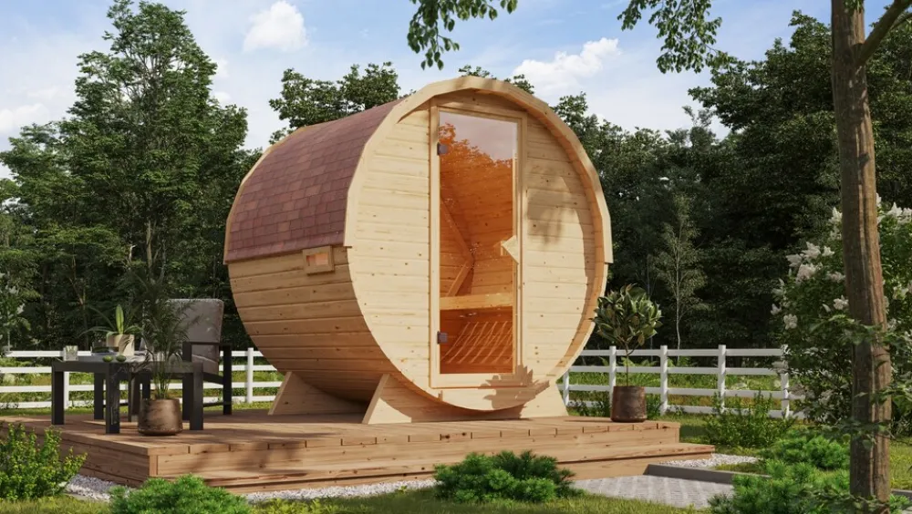 Karibu Holztechnik Karibu Fasssauna 1 - SET naturbelassen mit Ofen 9 kW integr. Strg., Kabel, Schindeln Hot
