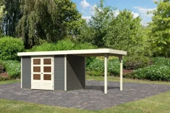 Karibu Gartenhaus Calabar 4 SET in terragrau mit Boden, Anbaudach, Dachfolie Sale