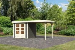 Gartenhaus "Calabar 2" SET in terragrau mit Boden, Anbaudach, Dachfolie ^ Karibu Discount