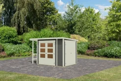 Gartenhaus 19 mm Multi Pultdach mit Schrank und Anbaudach terragrau inkl. Fußboden & Dacheindeckung ^ Karibu Clearance