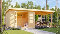 Gartenhaus San Antonio mit Anbaudach beidseitig anbringbar und Fußboden im Set naturbelassen ^ Karibu Hot