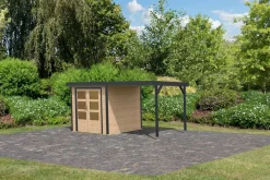 Karibu Hybrid Gartenhaus Hollywood im Set mit Anbaudach ca. 2,40 m breit naturbelassen inkl. Fußboden Gartenlaube Geräteschuppen Gartenhütte Discount