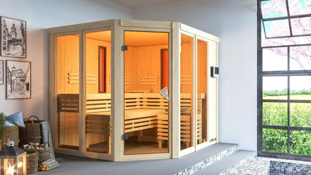 Karibu Infarot Kombisauna Lene plus mit 9kW Bio-Ofen, Steuergerät und Infrarotstrahlern naturbelassen ^ Karibu Holztechnik Sale