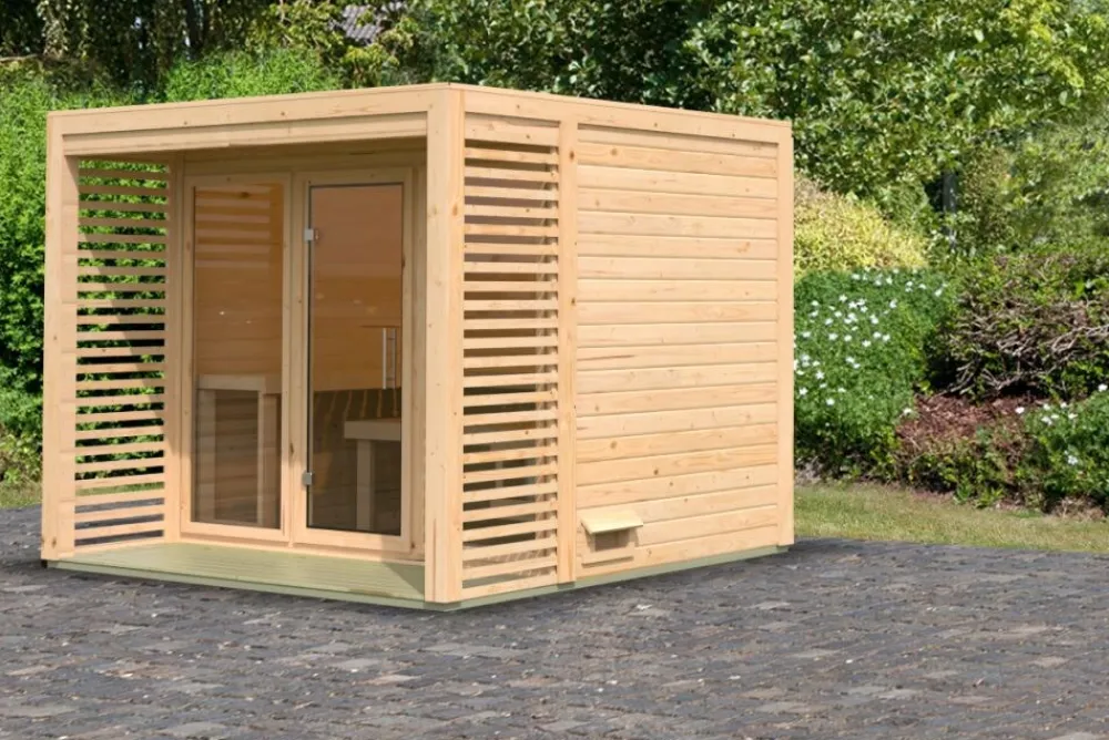 Karibu Holztechnik Karibu 8 mm Saunahaus Angelia - Saunaofen mit eingebauter Steuerung 9 kW naturbelassen Set Discount