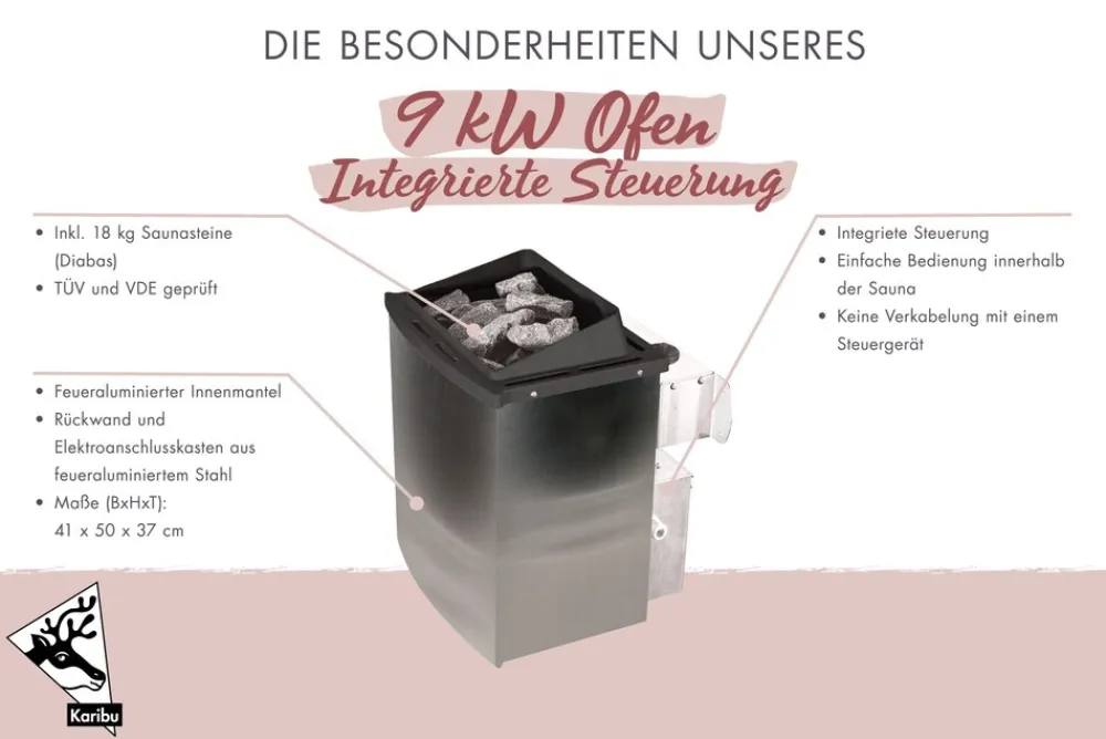 Karibu Holztechnik Karibu 8 mm Saunahaus Angelia - Saunaofen mit eingebauter Steuerung 9 kW naturbelassen Set Discount