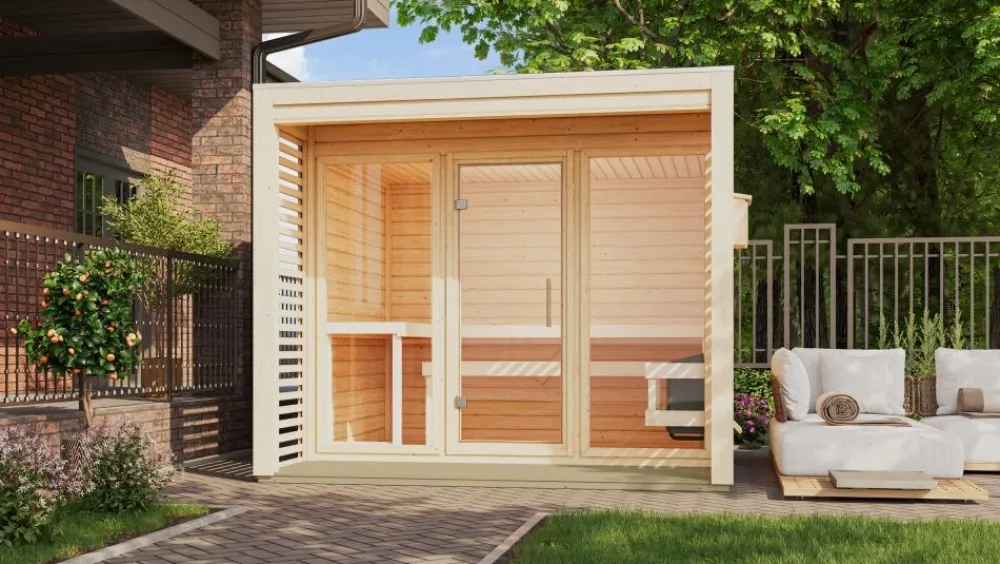Karibu Holztechnik Karibu 8 mm Saunahaus Angelia - Saunaofen mit eingebauter Steuerung 9 kW naturbelassen Set Discount
