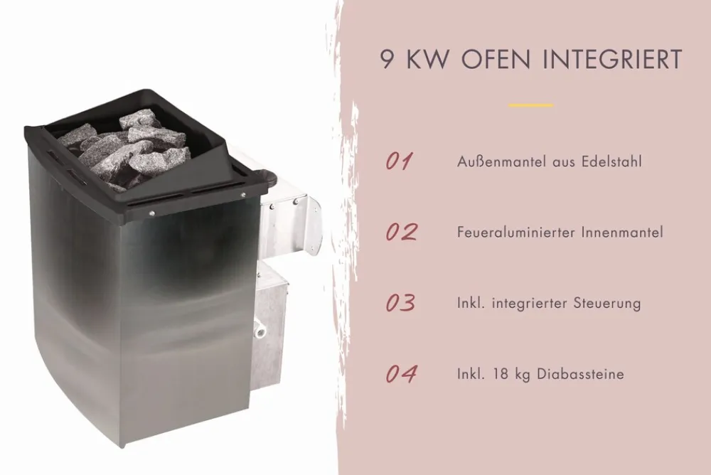 Karibu Holztechnik Karibu 8 mm Saunahaus Angelia - Saunaofen mit eingebauter Steuerung 9 kW naturbelassen Set Discount