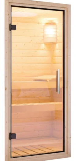 Karibu Holztechnik Karibu 73 mm Saunahaus Lejana inkl. Saunaofen mit eingebauter Steuerung 9 kW schwarz naturbelassen Clearance