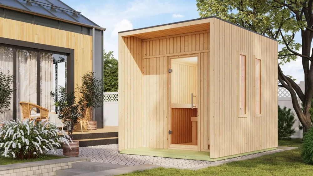 Karibu Holztechnik Karibu 73 mm Saunahaus Lejana inkl. Saunaofen mit eingebauter Steuerung 9 kW schwarz naturbelassen Clearance