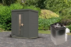 Karibu Holztechnik Karibu 38mm Saunahaus Melo 0 terragrau inkl. Ofen 9 kW integr. Strg Hot