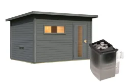 Karibu 38mm Saunahaus Melo 6 terragrau inkl. Ofen 9 kW integr. Strg ^ Karibu Holztechnik Best